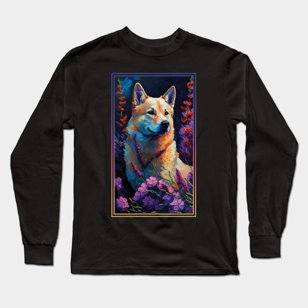 Jindo Dog Vibrant Tropical Flower Tall Digital Oil Painting Portrait 3 Long Sleeve T-Shirt by ArtHouseFlunky